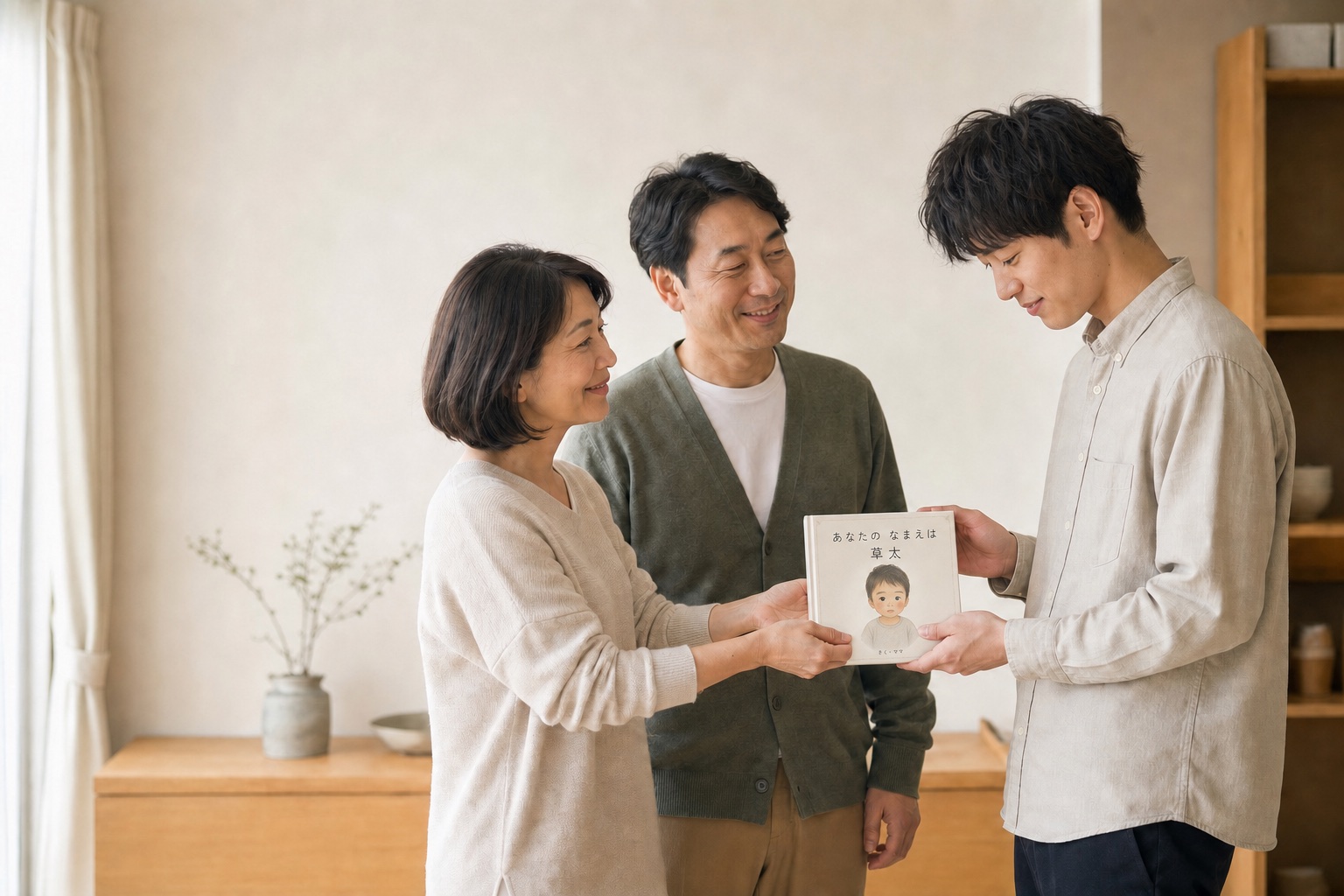 成人した息子へ父親と母親が名前の物語の絵本を渡す様子