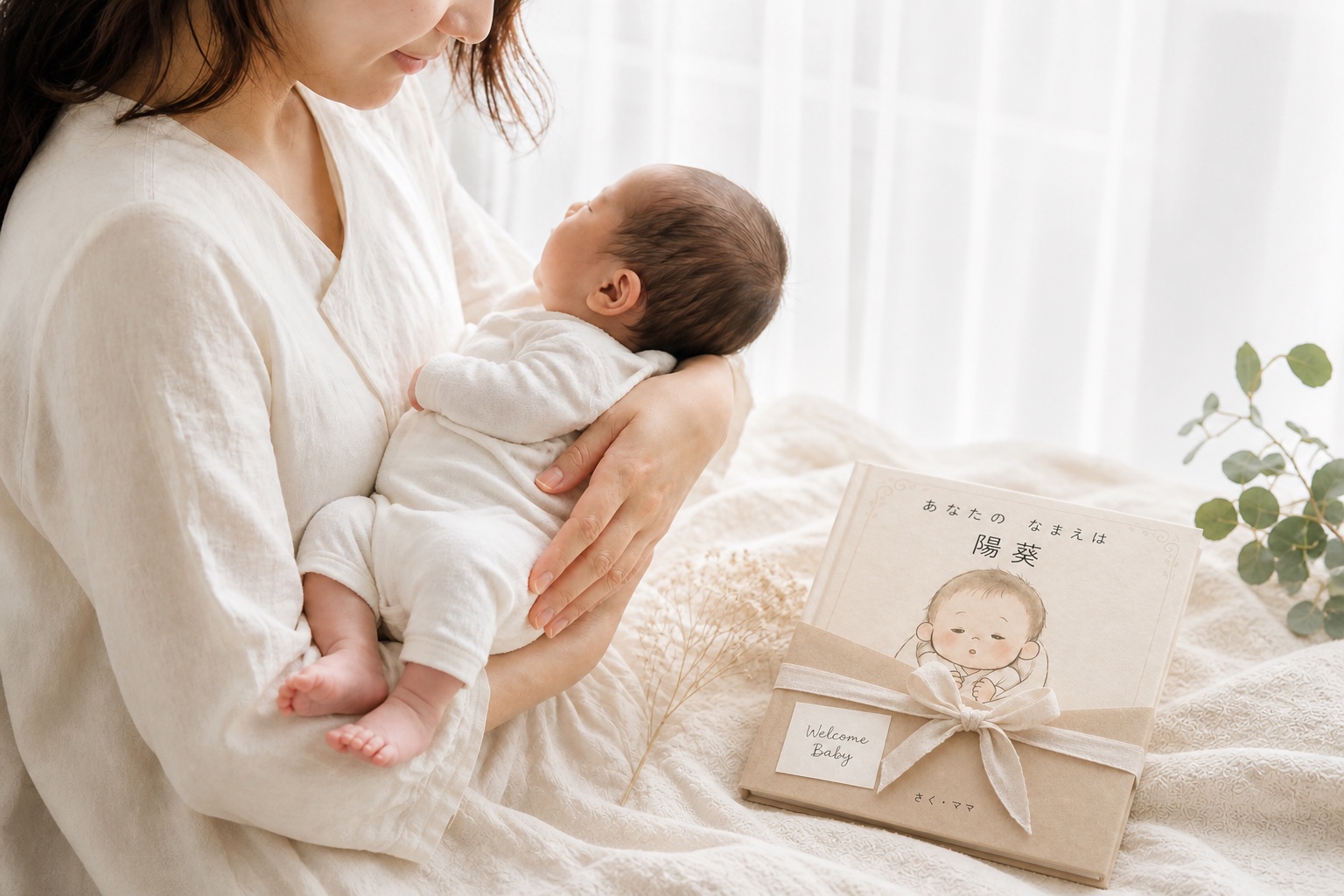 赤ちゃんを抱く母親と出産祝いのオーダーメイド絵本
