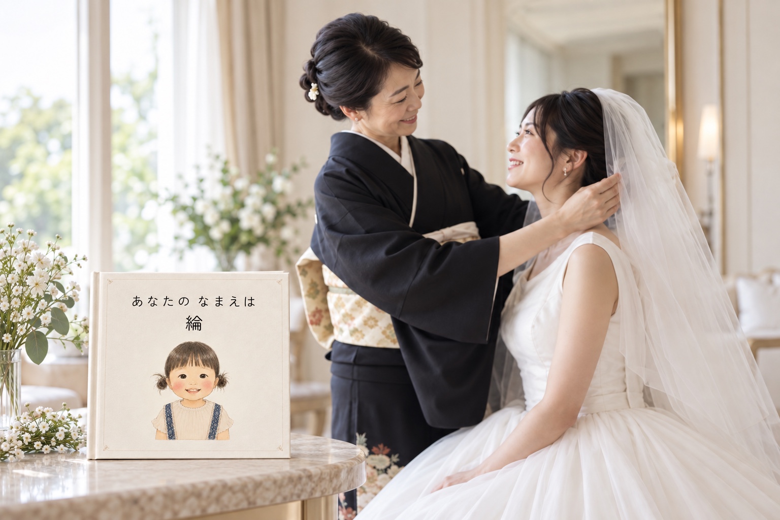 結婚式の日、綸の絵本のそばで母親が花嫁のベールを整える様子