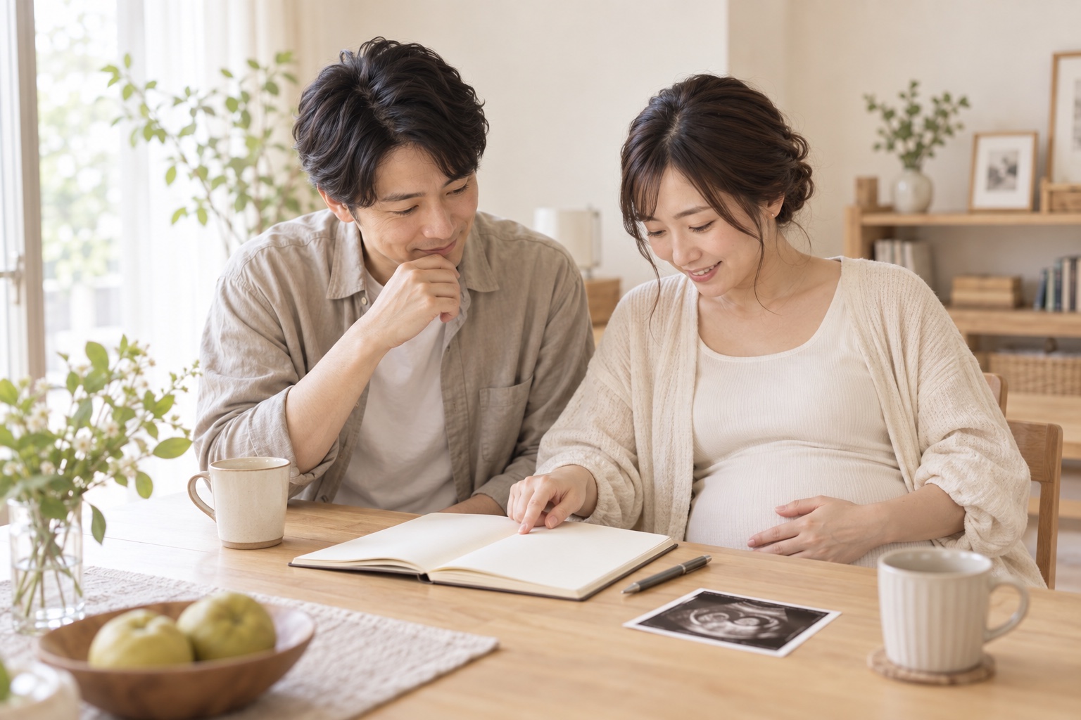 赤ちゃんの名前を考えながらノートを見る妊娠中の夫婦